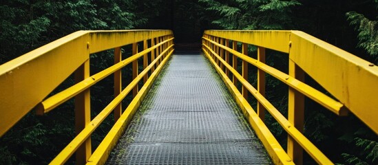 Vibrant Yellow Metal Bridge Pathway Leading into a Dense Green Forest
