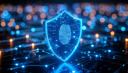 Cyber Shield's Core: An illuminated shield displaying a fingerprint, symbolizing advanced digital protection and secure data safeguarding.