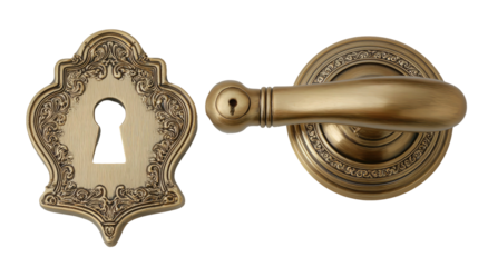 Ornate golden door lock and handle set on transparent background