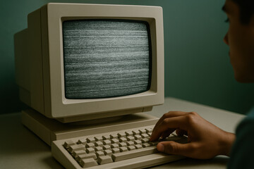 Person using vintage computer terminal with static screen, retro keyboard, old technology, digital nostalgia, green background