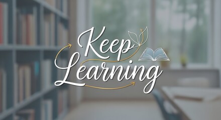 Inspirational message displayed in a modern library setting encouraging continuous education and personal growth through reading and learning activities
