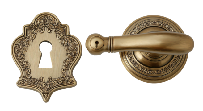 Ornate golden door lock and handle set on transparent background - Powered by Adobe