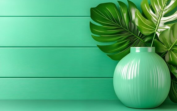 A green ceramic vase with tropical leaves, set against a teal wooden plank background with ample copy space - Powered by Adobe