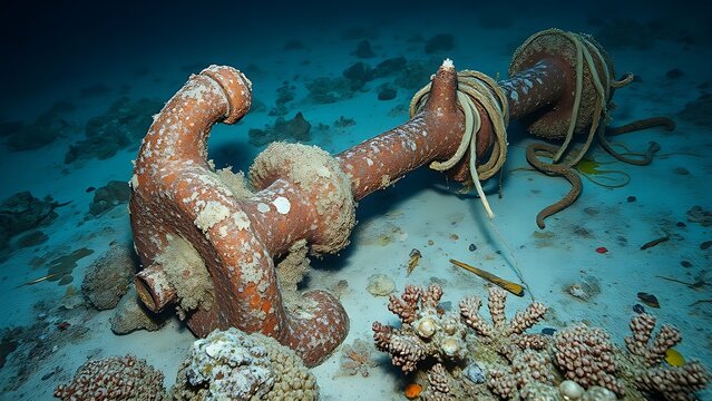 wreck. Extreme close-up of a rusted ship anchor on the seabed with coral and seaweed. safety posters, maintenance manuals, designed for precision metalworking and fabrication facilities.