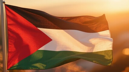 Palestinian flag waving at sunset or sunrise with warm light