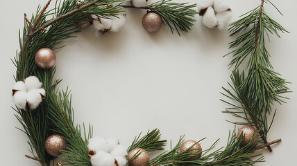 Festive christmas wreath with pine branches ornaments and cotton