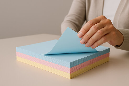 Woman organizing pastel colored office paper sheets at desk, sorting blue, pink, and yellow documents for workplace tasks