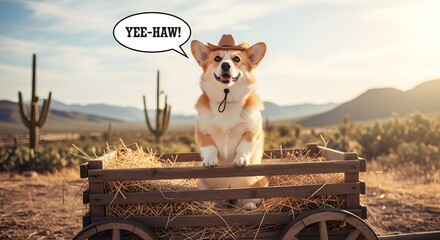 A cheerful dog wearing a cowboy hat sitting in a wooden cart filled with hay in a desert landscape with cacti and mountains in the background