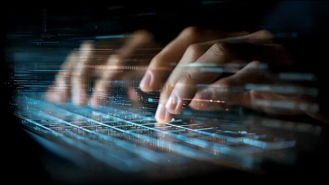 Close-up of Hands Typing on Illuminated Laptop Keyboard in Dark