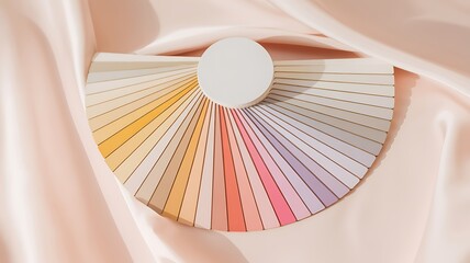 A beautifully arranged fan of neutral and pastel color swatches resting on delicate silk fabric showcasing color palettes for design concepts