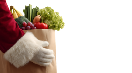Santa claus arm holding a grocery bag of vegetables.