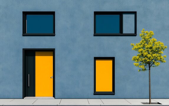 A yellow door and black windows on a minimalist blue building, creating a striking color contrast and modern design