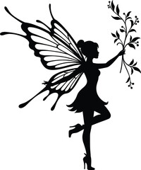 Fairy silhouette with wings, magical fantasy woman, mythical creature art, nature spirit holding branch, elegant illustration, mystical design, enchanted female figure