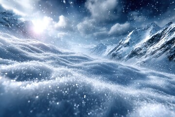 Snow-covered mountain landscape under a cloudy sky at dawn