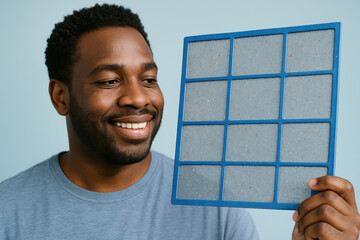Smiling man holding used air filter for inspection and cleaning, demonstrating maintenance and indoor air quality awareness