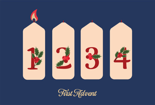 First Advent candle illustration with numbers and holly, one lit candle and festive decorations, flat vector - Powered by Adobe