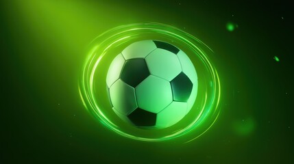Soccer Ball on Glowing Green Background with Dynamic Light Swirl and Copy Space
