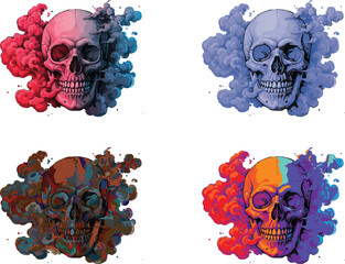 Colorful Skull Set with Dramatic Smoke Effects
