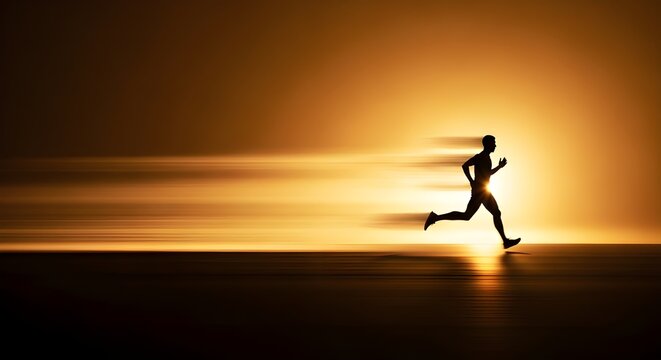 Dynamic male silhouette running with speed motion blur against vibrant golden sunset light