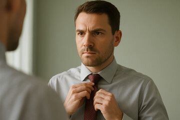 Confident young man adjusting tie in front of mirror preparing for important business meeting or professional interview