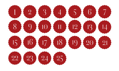 Advent calendar numbers 1 to 25 in red scalloped circle tags, countdown design for Christmas, flat vector