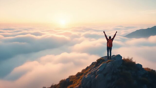 Calm traveler reaches summit as morning light illuminates sky