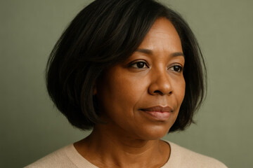 Confident middle aged woman looking away thoughtfully, calm expression, professional appearance, soft green background