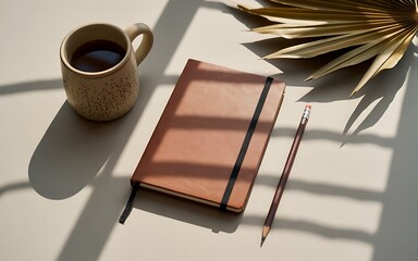 A brown leather notebook with a pencil and a coffee mug arranged on a neutral surface under natural light for workspace or planning