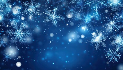 Sparkling blue winter background with intricate glowing snowflakes and shimmering bokeh lights, creating a magical festive holiday atmosphere.