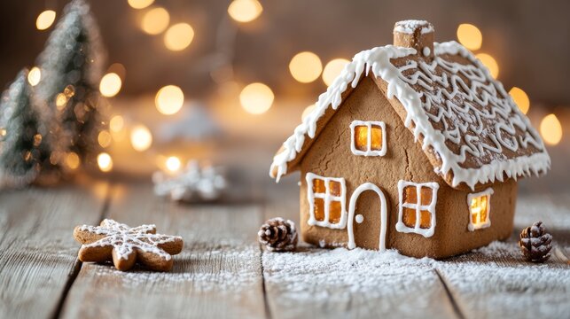 Gingerbread house with icing details and festive decorations on a wooden table with copy space