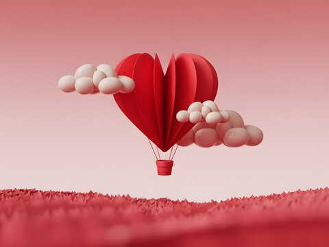 Red heart shaped hot air balloon floating amongst clouds