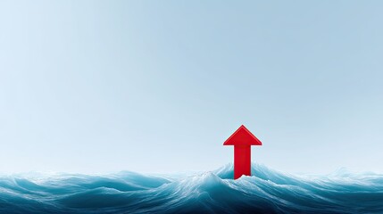 Fototapeta premium Red Arrow Rising Above Turbulent Ocean Waves Symbolizing Growth, Progress, and Overcoming Challenges in Business and Personal Life