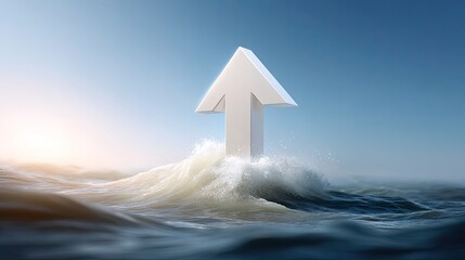 Fototapeta premium White upward arrow emerging from ocean waves symbolizing growth, progress, success, and overcoming challenges against a clear sky background