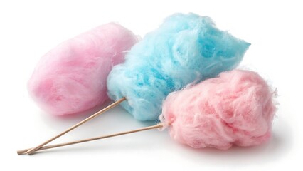 Soft and airy cotton candy displayed on a crisp white background, highlighting its light pastel spun sugar texture.