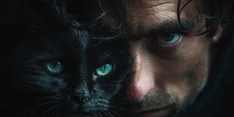 low-key, cinematic close-up portrait of a man with dark, messy hair, holding a solid black cat close to his face. The man's intense gaze and the cat's luminous eyes both share a striking  green color