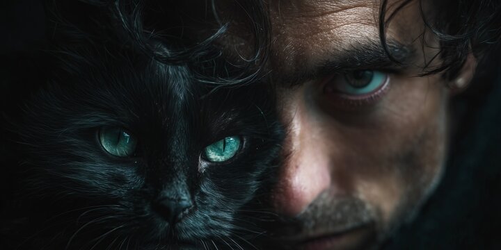 low-key, cinematic close-up portrait of a man with dark, messy hair, holding a solid black cat close to his face. The man's intense gaze and the cat's luminous eyes both share a striking  green color