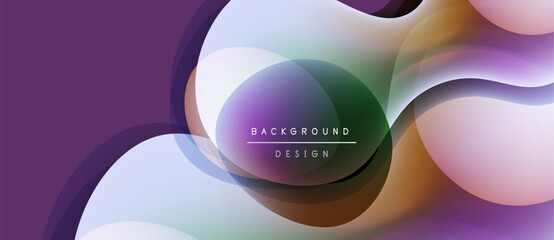 Abstract fluid shapes overlap, creating vibrant purple, brown, green hues. Modern design element for backgrounds, presentations.