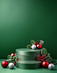 Empty green podiums on green background with silver and red ball decorations and holly branches with red berries. Christmas concept