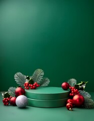 Empty green podiums on green background with silver and red ball decorations and holly branches with red berries. Christmas concept