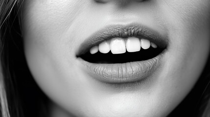 Black and white photo of a woman's mouth.