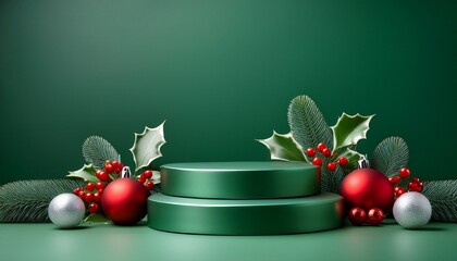 Empty green podiums on green background with silver and red ball decorations and holly branches with red berries. Christmas concept