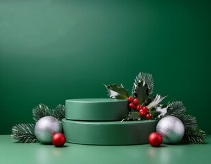 Empty green podiums on green background with silver and red ball decorations and holly branches with red berries. Christmas concept
