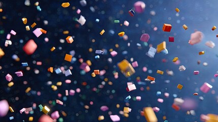 Colorful confetti falling in a dynamic motion against a soft dark background, perfect for celebrations and festive occasions, creating a vibrant ambiance