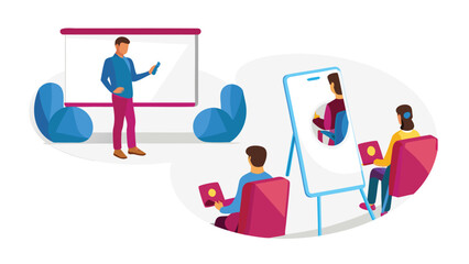 Isometric illustration of a business coach providing guidance and support to a client symbolizing growth strategy and professional development in a modern clean visual style
