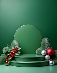 Empty green podiums on green background with silver and red ball decorations and holly branches with red berries. Christmas concept