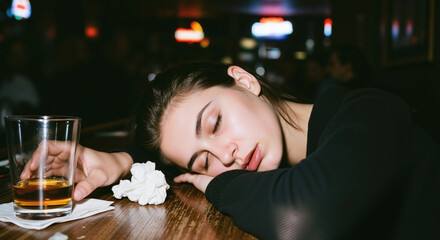 A young woman is asleep slumped on a dark wooden bar next to an almost-empty glass of amber liquor.
