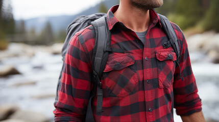 Man in a red and black plaid shirt and a backpack stands by a river in an outdoor background.
