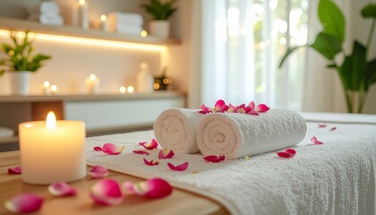 Massage bed with towels and rose petals in relaxing spa room