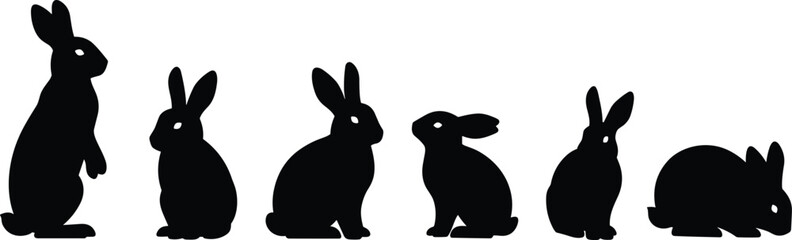 Rabbit silhouettes vector set, bunny poses illustration, domestic animal artwork, black outline design, cute hare shapes for Easter decoration