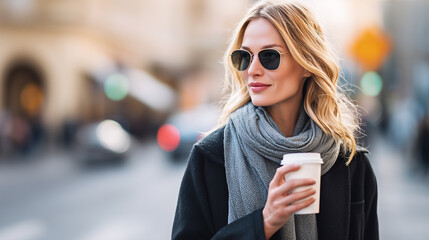 Fashionable woman in sunglasses and scarf enjoys coffee cup while strolling through the city streets.